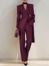 Women Wine Red Buckle Shoulder Pad Lapel Collar Long Sleeve Dressy Coat With Pants Two-Piece Set