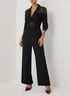 Women Black Mesh Lapel Collar Long Sleeve Dressy Jumpsuit