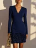 Navy Blue 3D Floral Classic V Neck Long Sleeve Sheath Mini Dress