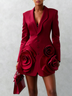 Red 3D Floral Blazer Shawl Collar Long Sleeve A-Line Mini Dress