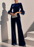 Women Navy Blue Feather-trimmed Crew Neck Three Quarter Sleeve Dressy Jumpsuit