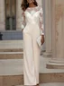 Women Apricot Lace Beaded Boat Neck Long Sleeve Regular Sleeve Dressy Jumpsuit