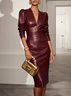 Wine Red Faux Leather V Neck Long Sleeve Sheath Midi Dress