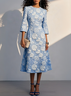 Blue Floral Jacquard Classic Crew Neck Three Quarter Sleeve A-Line Midi Dress