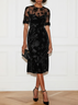 Black Floral Mesh Velvet Crew Neck Short Sleeve A-Line Midi Dress