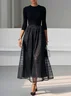Black Organza Knit Crew Neck Half Sleeve A-Line Midi Dress