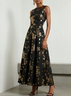 Black Stamped Bronzing Satin Crew Neck Sleeveless A-Line Maxi Dress