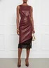 Burgundy Faux Leather Lace Ruched Classic Boat Neck Sleeveless Shift Midi Dress