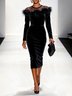 Black Feather-trimmed Mesh Velvet Crew Neck Long Sleeve Sheath Midi Dress