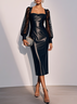 Black Lace Faux Leather Square Neck Long Sleeve Balloon Sleeve Sheath Midi Dress