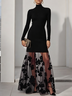 Black Mesh Floral Knit Mock Neck Long Sleeve A-Line Maxi Dress