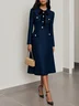 Dark Blue Bow Buckle Tweed Crew Neck Long Sleeve A-Line Midi Dress