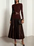 Burgundy Faux Leather Pleated Split Joint Knit Crew Neck Long Sleeve A-Line Maxi Dress