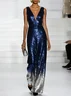 Navy Blue Ombre Sequin Deep V Neck Sleeveless Sheath Maxi Dress