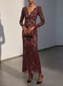 Burgundy Lace V Neck Long Sleeve Sheath Maxi Dress