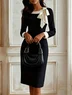 Black Bow Color Block Long Sleeve Sheath Midi Dress