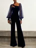 Women Navy Blue Velvet Split Joint Mesh Asymmetrical Long Sleeve Balloon Sleeve Dressy Jumpsuit