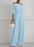 Women Light Blue Off The Shoulder Half Sleeve Dressy Jumpsuit With Pockets
