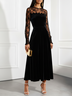 Black Lace Split Joint Velvet Crew Neck Long Sleeve A-Line Maxi Dress