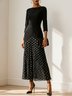 Black Pleated Polka Dots Classic Boat Neck Three Quarter Sleeve A-Line Midi Dress