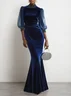 Royal Blue Rhinestone Velvet Stand Collar Half Sleeve Balloon Sleeve Mermaid Maxi Dress
