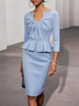 Light Blue Ruffled Ruched Peplum U-Neck Three Quarter Sleeve Sheath Midi Dress