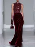 Burgundy Ruched Glitter Sequin Velvet Crew Neck Sleeveless Mermaid Gown Dress