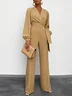 Women Khaki Knot Front V Neck Long Sleeve Balloon Sleeve Dressy Jumpsuit