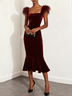 Wine Red Feather Velvet Square Neck Sleeveless Mermaid Midi Dress